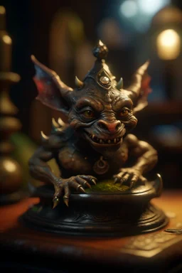 alchemists nightmare, Living cauldron with shining sigil, slightly demonic alien imp gargoyle gremlin rat in it, prize winning oil painting, ,bokeh like f/0.8, tilt-shift lens 8k, high detail, smooth render, down-light, unreal engine