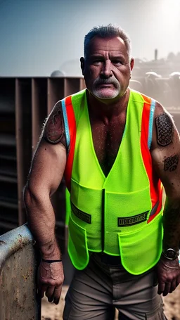 full body shot photography of two maroccan ugly dirty burly construction workers chubby sweat 58 years old in tank top, safety vest, swimwear, bulge, tattoo, manly chest ,in queue on italian sidewalk,, photorealistic, sunlight, summer, ambient occlusion, side view from the ground