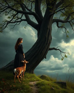 Bosch painting style, nightmare , a beautiful woman standing by the tree branches and leaves, looking at little deer and his mom standing by great quality picture with cinematic scenes , heavy clouds in the background