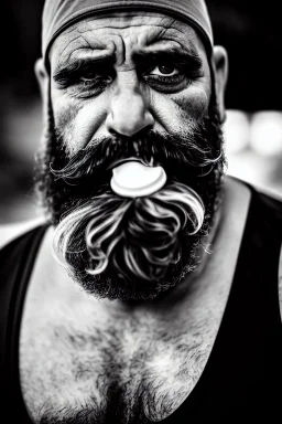 close up photography, dirty burly chubby Italian strong 48 years old homeless man, spitting milk from mouth, dripping on the beard, with dirty tank top, emotional eyes, manly chest, photo, Canon EOS, lens 35mm, natural lights, 8K, in the morning