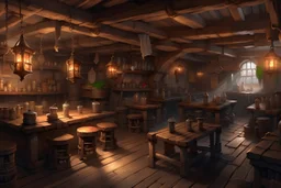 Inside a DND style dusty open slup tavern