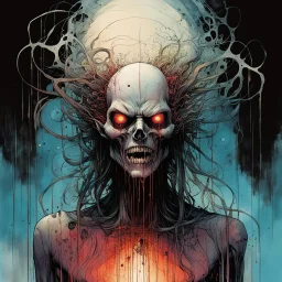 a surreal full body portrait of the inner workings of her disturbed mind as a nightmarish charnel house of screaming pain , in the comic book style of , Bill Sienkiewicz, , Alex Pardee , and Jean Giraud Moebius, muted natural color, sharp focus, ethereal , dark and foreboding