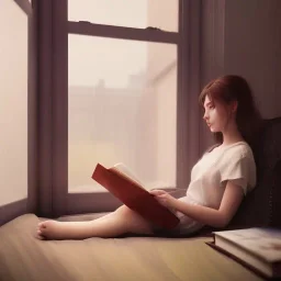 Study girl read a book in by the window, movie, real photo realistic, unreal engine, cinematic lighting --ar 1:1 creative