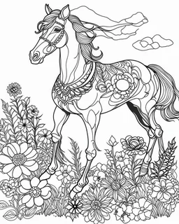 outline art for halloween coloring pages with horse and flowers, white background, Sketch style, full body, only use outline, clean line art, white background, no shadows and clear and well outlined, coloring page for kids, zombie