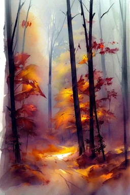 Autumn forest by Willem Haenraets, watercolor, on watercolor paper, wet on wet and splattering techniques, centered, perfect composition, abstraction, surrealism