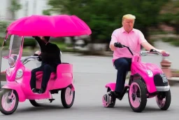 Photo of a single donald trump riding a tricycle while wearing a pink polo shirt with the collar up