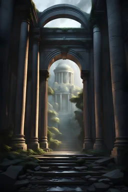 temple in ruines, forest, stairs, columns, cinematic, detailed, atmospheric, epic, concept art, Matte painting, background, mist, photo-realistic, concept art, volumetric light, cinematic epic rule of thirds octane render, 8k, corona render, movie concept art, octane render, cinematic, trending on artstation, movie concept art, cinematic composition , ultra-detailed, realistic , hyper-realistic , volumetric lighting, 8k --ar 2:3 --test --uplight