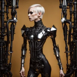 beautiful caucasian half cyborg woman, black metal body and limbs, chrome details, anorexic figure, blond bob haircut