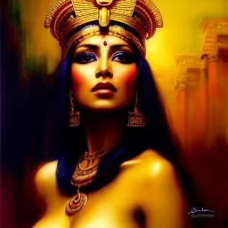 Drawing of beautiful face,busty 'cleopatra',sweet stare,throne,hieroglyphics,balanciaga fashion clothe painting by gaston bussiere, greg rutkowski, yoji shinkawa, yoshitaka amano, tsutomu nihei, donato giancola, tim hildebrandt, oil on canvas, cinematic composition, extreme detail,fit full head inside picture,16k