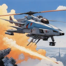 [art by Michael William Kaluta] the helicopter version of the Macross iconic VF-1S Valkyrie in live-action, launching smart bombs with tracing smoke while flying
