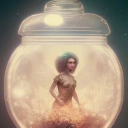 Fairy inside a belljar, ghostly lights, polaroid, symmetry, bioluminescence, luminescent glow, moody, tender, photorealistic, octane render, golden hour