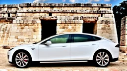 A Tesla's 'Model S Plaid' is parked, at Chichen Itza, in Mexico. CINEMATIC. WIDE ANGLE LENS. CINEMATIC. WIDE ANGLE LENS.
