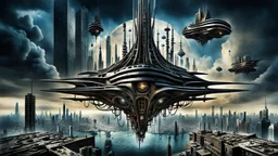 a stunningly weird image of a futuristic giant dark floating tower metropolis using Salvador Dali's paranoiac-critical method, where buildings and structures appear to melt into the skyline cityscape is filled with floating mad, twisted sharp metal shapes that interact with the buildings and each other, forming a surreal tableau of a dreamlike reality. neu-steampunk vibe, essence of the scene in a cinematic manner, with dramatic shadows that enhance the distorted perspectives and bizarre