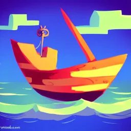 Small wooden ship, Legend Of Zelda: Wind Waker style, on a vast ocean, stylized, colorful, adventurous, full view.