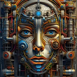 high quality illustration of a front complex woman face head mixed with a chemical plant (detailed eyes, nose, mouth , neck), surreal, visible brain, made of recycled colored objects all around and inside of head, dark industrial interior background , 4k, HDR, UHD, all in focus, clean, no grain, concept art