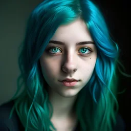 A portrait of a 16 years old girl. She has got turquoise hair and very dark blue eyes.