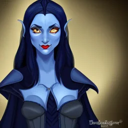 dungeons and dragons character, female half-elven sorcerer wearing a dark blue dress with long black hair, dark blue eyes, and mysterious facial expression, smiling, beautiful, close-up, realistic, symmetric features