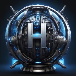 create me a large, centered letter H encased in a thin round, ornate black and chrome globe. gunmetal accents can be used. mechanical futuristic space cyberpunk style. extra electrical and pneumatic details, robot arms, laserguns. warp core, plasma couplings, the side of a spaceship. blue lights. background should be black. make the H big. It stands out by lighting and golden fringes. It's like the main symbol of a great space empire.
