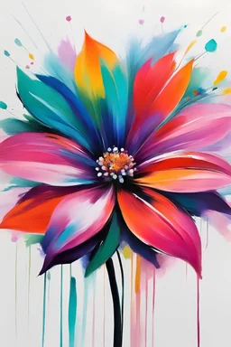 A vibrant and colorful abstract flower with bold, expressive brushstrokes in shades of pink, orange, green, and blue. The flower appears to be the main focus, with a soft, dreamlike white background