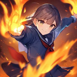 Clear focus,High resolution, Girl wearing a sailor uniform, Kicking pose, fire around her, straight face