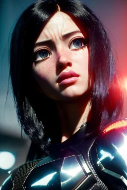 Alita battle angel, portrait from waist up, intricate eyeliner, vibrant eyeshadow, clear completion, soft lighting, 4k resolution, intricate details, insanely detailed, colorful cityscape background, masterpiece, expert, cinematic smooth, retroanime style, realistic details