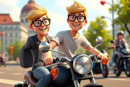 3D video game characters, a short blonde haired man wearing eyeglasses, t-shirts and jeans riding a motorcycle , hungary, Budapest, hearts, happiness