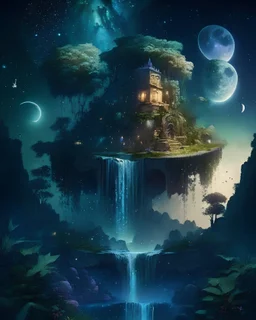 Mystical floating island with a lush garden, ancient ruins, and a cascading waterfall, under a starry night sky.