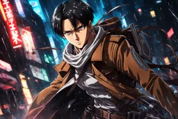 levi 8k anime sci-art drawing style, attack on titan them, neon effect, close picture, rain, apocalypse, intricate details, highly detailed, high details, detailed portrait, masterpiece,ultra detailed, ultra quality