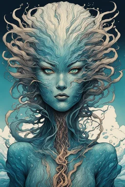 front facing illustration of a shape shifting female Funayurei water spirit with highly detailed facial features and skin textures, in the style of Alex Pardee , Jean Giraud Moebius, and Katsushika Hokusai, highly detailed, boldly inked, deep murky aquatic color