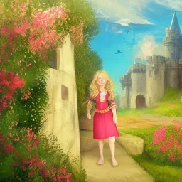  Castle into sky, with flowers of fire. Green clouds and birds. Shy girl going out of the main gate. Detailed painting, soft color, medieval, intricate detail, far sceen, complementary colors, medieval concept art, spring.