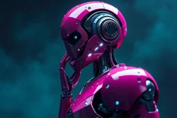 Hyper-realistic 3D surreal digital painting of a magenta humanoid droid mechanic, highly detailed mechanical body with intricate joints and polished metallic surfaces, elegant futuristic design, diamond-like crystalline accents embedded in the armor, standing in a rich deep teal atmospheric background, cinematic lighting, soft volumetric glow, shallow depth of field, dreamlike surreal composition, ultra-detailed textures, physically based rendering, high-end concept art style, perfect anatomy an