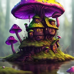 A weird mushroom house with drippy spots and eyeballs on a floating island. black green yellow purple Detailed gloss Painting, rich color, fantastical, intricate detail, splash screen, hyperdetailed, insane depth, concept art, 8k resolution, trendi