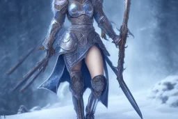 Medieval warrior girl, wearing futuristic armor, glowing blue armor parts, snow mountain background, snow, fur cloak