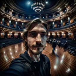 AI selfie in dark royal ancient concert hall , photo-realistic, shot on Hasselblad h6d-400c, zeiss prime lens, bokeh like f/0.8, tilt-shift lens 8k, high detail, smooth render, down-light, unreal engine, downlight