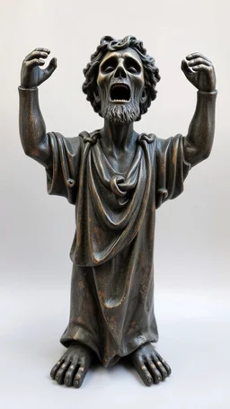 Ceramic style statue all colours are dark of an old church man from the 1000 BC in it a whole body and the head of dead man with thick curly hair and his eyes are open wide and open mouth with rage , raising his arms up