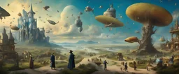 Salvador Dali & Hieronymus Bosch greet each other at an outdoor surrealist market. A flock of dream-like sky-fish fly high in the far distant sky, with a beautiful surreal outdoor countryside summer scene with hills, interesting dwellings, pathways, stairways, waterfalls, & an intricate fractal sky, very high detail, photorealistic, epic cinematic, 8K, Large depth of field