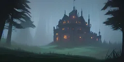 Ruined overgrown small castle in a dense coniferous forest, night, misty, atmospheric