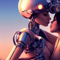 great illustrator, spanish, realistic rendering of a cute spanish girl kissing a beautiful cybergirl. beautiful, simmetric, steampunk style. Helmet with tubes. Girl with wings. Machinery in the background. Robotic bird flying. High details. 4k. unreal engine, sunset