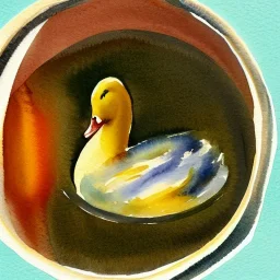  watercolour painting of two ducks in a bowl of soup