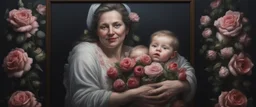 Hyper Realistic framed portrait of a mother carrying her child with flowers & roses around them at night in a dark room