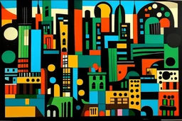 A city with dark circles painted by Stuart Davis