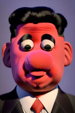 Waist up muppet Portrait, Kim Jong-un muppet doll, black suit, photo studio, red background, unreal engine 5, concept art, art station, god lights, ray tracing, RTX, lumen lighting, ultra detail, volumetric lighting, 3d.