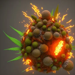 falling burning fungus on earth, cinema4d, 3d render, creative, complex, shining, much light, cannabis, fungus