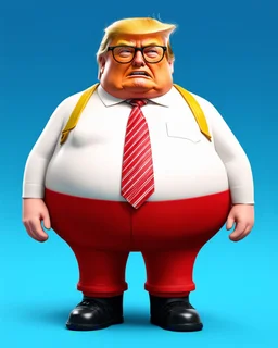 A 3D character image of a fat Donald Trump wearing specks and shorts, a little angry.