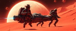 cowboy astronauts in a spaceship cyberpunk warhammer madness, on red sand planet
