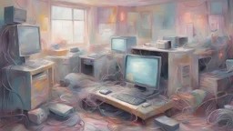 Pastel colors, Impressionist Painting of a Messy computer room with lots of cables everywhere