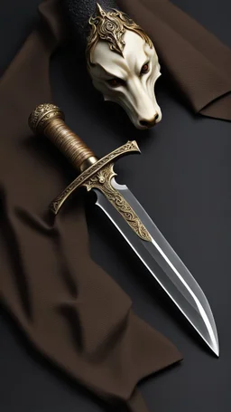 Small dagger with an ivory hilt carved with a wolfs head, hyperrealistic dark fantasy