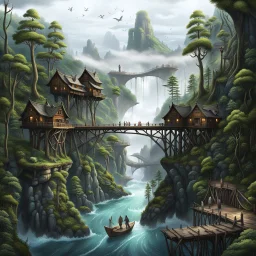 rany day, close ap a visible from the side one massive wooden bridge connects the over two gorge, between two tall rocky shores, sprawling, tall thick alien trees on both shores, log wooden houses in the distance in the background, rainy landscape, lush vegetation , massive trees, little wolf-man creatures work, and stand, high detailed, fantasy, high photorealistic, cinematic