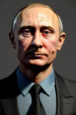 Waist up muppet Portrait, Vladimir Putin as muppet doll, Black suit, photo studio, blue background, unreal engine 5, concept art, art station, god lights, ray tracing, RTX, lumen lighting, ultra detail, volumetric lighting, 3d.