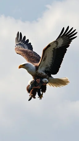 A huge eagle carrying a man and bring him to his babies eagle,